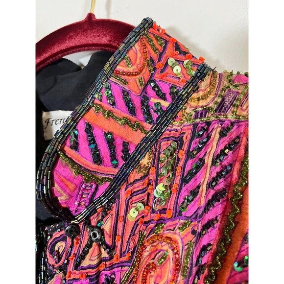 Vintage Silk Beaded Floral Sequin Jacket L Pink Avant Garde Swing Coat Patchwork - Picture 6 of 15